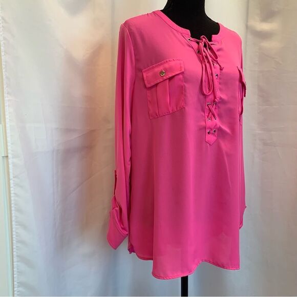 NYGARD neon pink roll tab long sleeve lace-up blouse Sz L - Picture 2 of 9